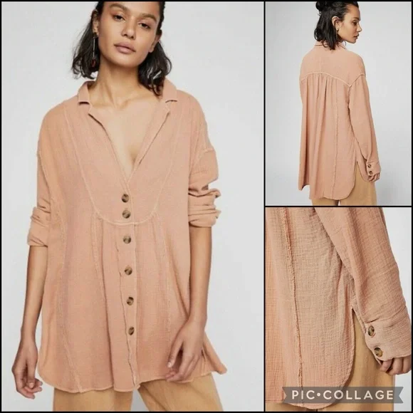 Free People Rusty Rose Mauve Gauzy Button Down Blouse Top Duster Jacket - Picture 1 of 8